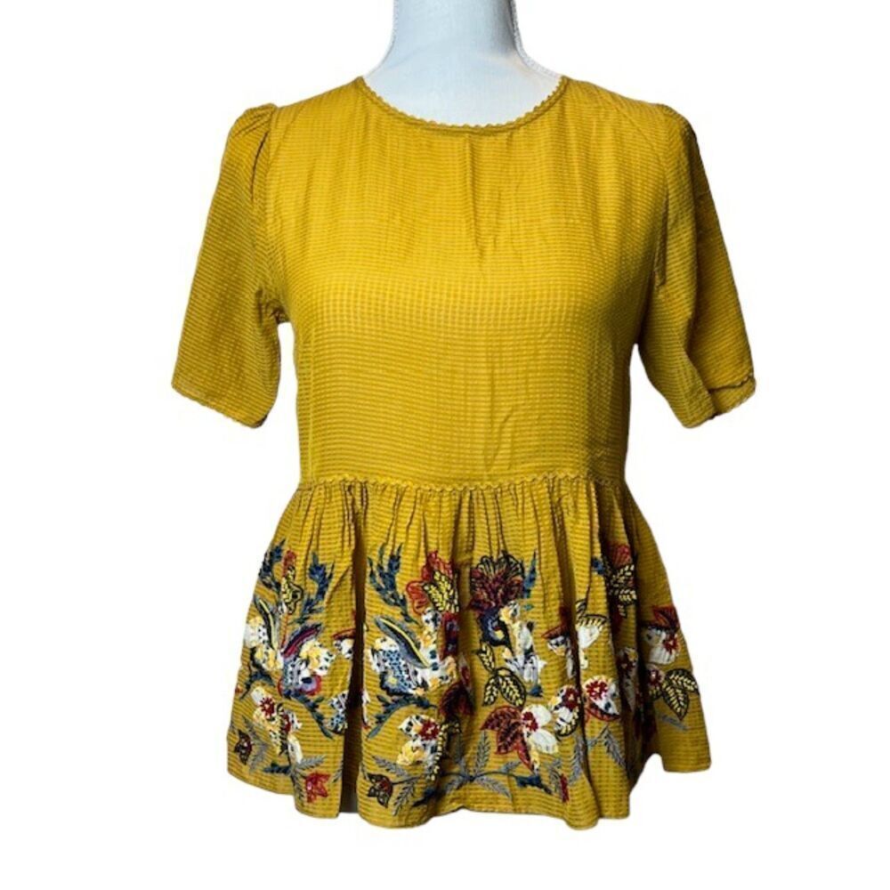 Bhanuni by Jyoti Anthropologie Embroidered‎ Beaded Babydoll Top Mustard XS